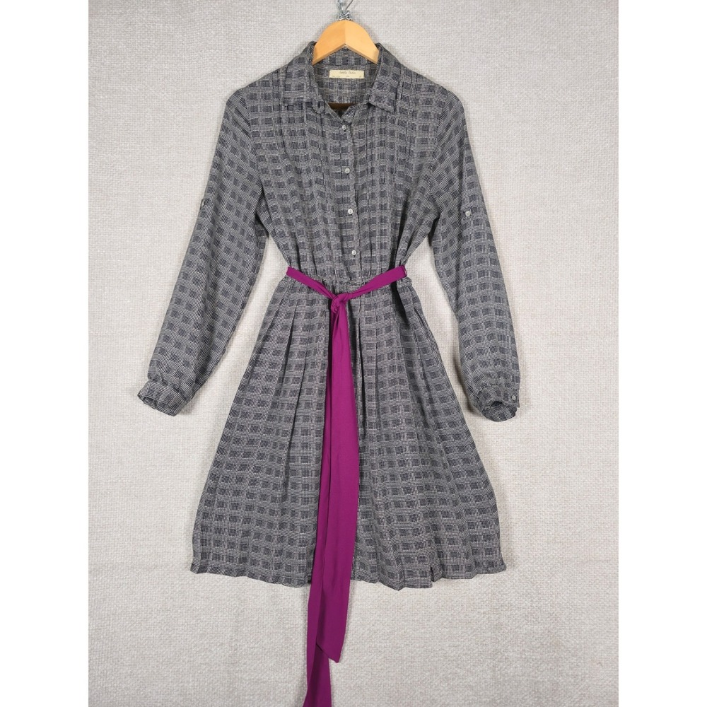 Isabella Sinclair Womens Navy‎ White Micro Check Shirt Dress Purple Belt Size M
